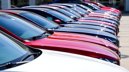 Shiny modern cars lined up in a dealership under bright daylight, showcasing sleek designs.