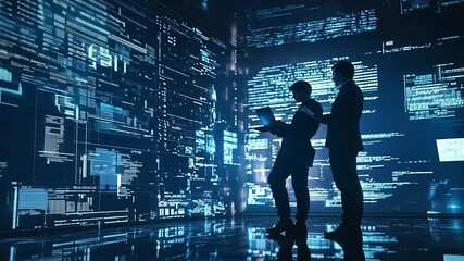 Two professionals analyzing digital data projections in a futuristic office environment - Powered by Adobe