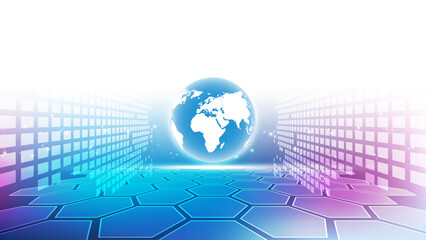 abstract technology background with world map and hexagons. vector illustration