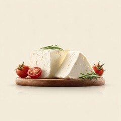 Two slices of white cheese on a wooden board, garnished with fresh rosemary and cherry tomatoes