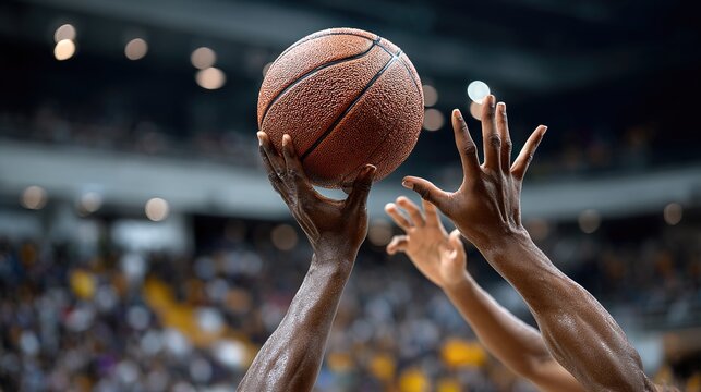 Close-up of basketball players hands reaching and grabbing for the ball mid-air