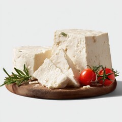 A block of white cheese, sliced and arranged on a wooden board, with sprigs of rosemary and cherry tomatoes