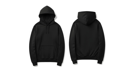 A plain black hoodie shown from front and back views, showcasing its design and simple style.