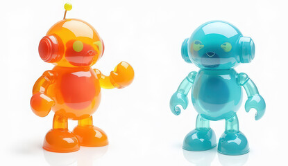 Neon Jelly Robot Toys with Swappable Parts: Transparent jelly-textured robots with removable limbs in bright neon colors, shown in modular views