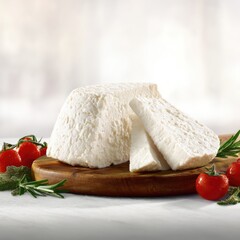 Creamy white cheese block, sliced, on wooden board, with fresh tomatoes and rosemary