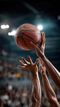 Close-up of basketball players hands reaching and grabbing for the ball mid-air