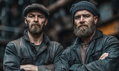 Obraz premium Two bearded men in work clothes with arms crossed standing in front of a blurry background