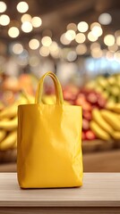 Bright yellow shopping bag on wooden surface, blurred grocery store background