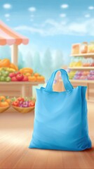 Light-blue reusable shopping bag in front of a market stall