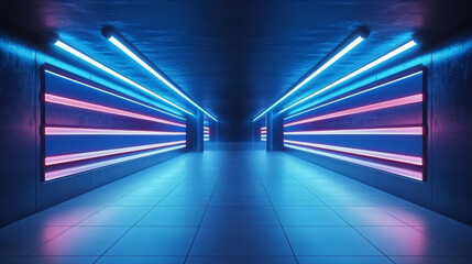 Tech-style neon tunnel corridor indoor artificial space