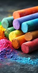 Colorful chalk sticks and powder artfully arranged on a dark surface