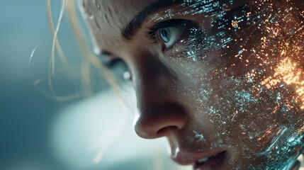 Android figure immersed in deep AI processing, digital interface reflecting in eyes, soft lighting and futuristic design, space on right