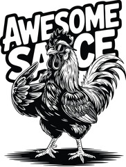 Cool Rooster Wearing Sunglasses with “Awesome Sauce” Text – Funny Vintage T-Shirt Design © XpertDesigner