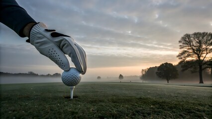 A gloved hand placing a golf ball on a tee on a misty golf course at sunrise with trees in the distance