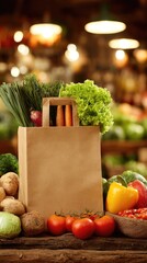 Brown paper grocery bag overflowing with fresh produce displayed on a rustic wooden surface, blurred background of a market