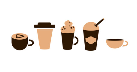 Flat design icons of coffee cups and mugs in brown and beige tones