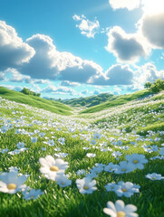Grassland hillside and blooming wildflowers under blue sky and white clouds