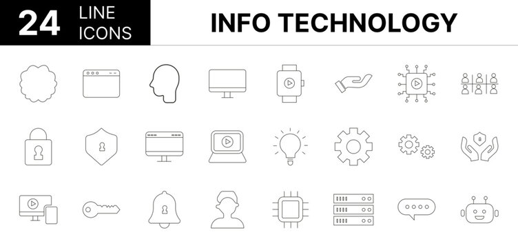 Collection of 24 information technology line icons featuring editable strokes. These outline icons depict various modes of information technology, icon, artificial intelligence, ai, network, set, comp