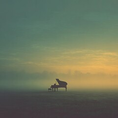 A grand piano silhouetted against a misty sunrise