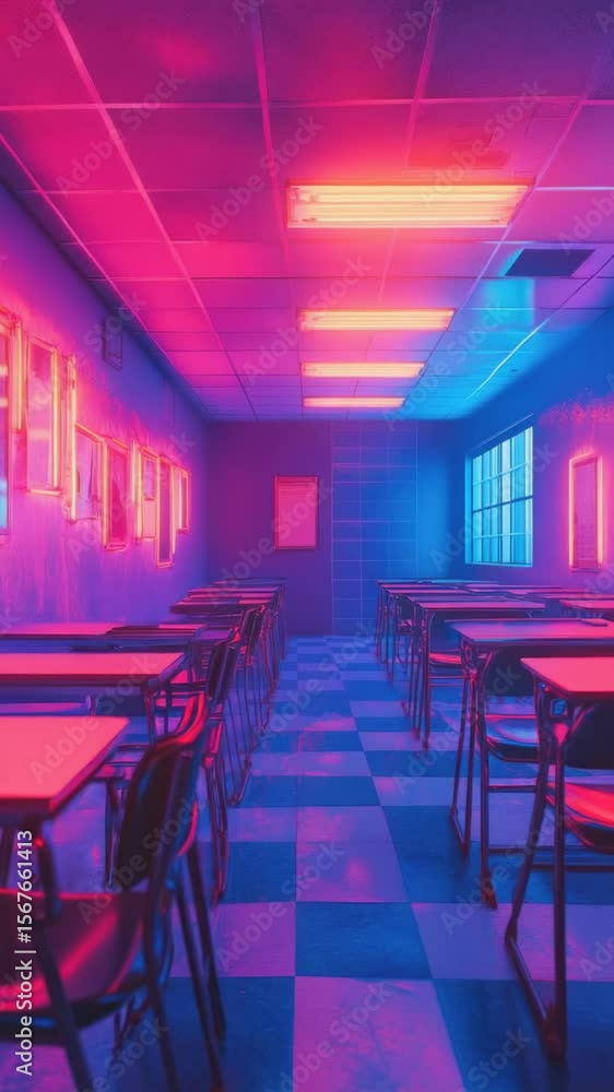 Aufkleber a modern meeting space or event area with rows of tables and chairs illuminated by bright neon light