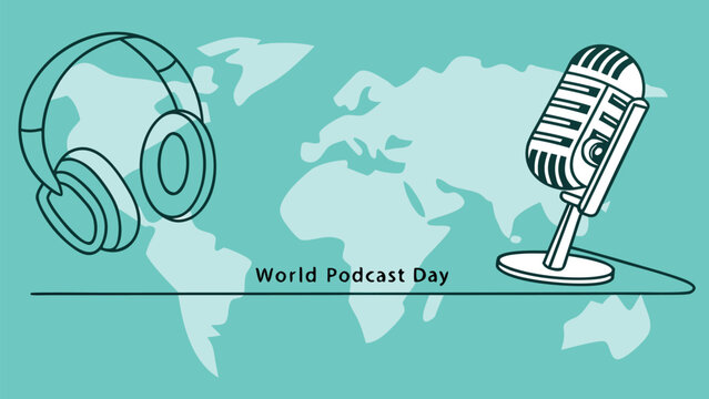 Global Podcast Day:  Modern Line Art Illustration Featuring Headphones and Retro Microphone on a Teal World Map Background;  Celebratory, Minimalist Design. - Powered by Adobe