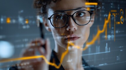 Cybersecurity and fintech concept with woman analyzing data on glass screen, futuristic graphs and blockchain symbols, clean right margin