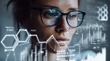 Cybersecurity and fintech concept with woman analyzing data on glass screen, futuristic graphs and blockchain symbols, clean right margin