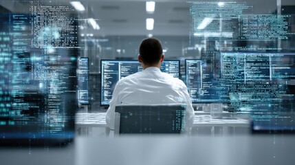 Cybersecurity expert reviewing script on screen, surrounded by modern data center equipment, digital overlays, right side blank