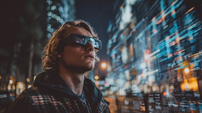 Cyberpunk night setting with young man wearing smart glasses, AI-generated graphics surround him, open right side