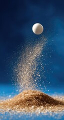 White sphere launching into the air, creating a shower of tan granules against a deep blue backdrop