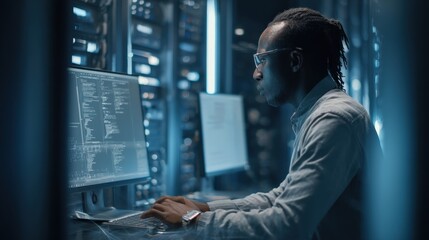 Cybersecurity expert reviewing script on screen, surrounded by modern data center equipment, digital overlays, right side blank