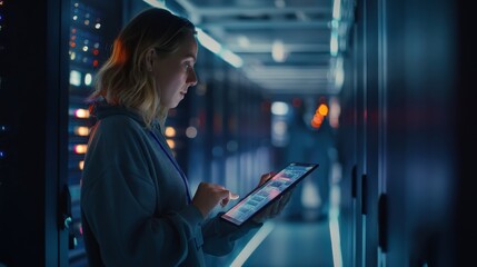 Cybersecurity expert reviewing script on screen, surrounded by modern data center equipment, digital overlays, right side blank