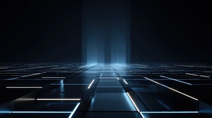 Abstract futuristic digital technology background with glowing grid floor and dramatic blue light beams falling from above. Cyberspace concept.