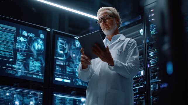 Cybersecurity expert reviewing script on screen, surrounded by modern data center equipment, digital overlays, right side blank