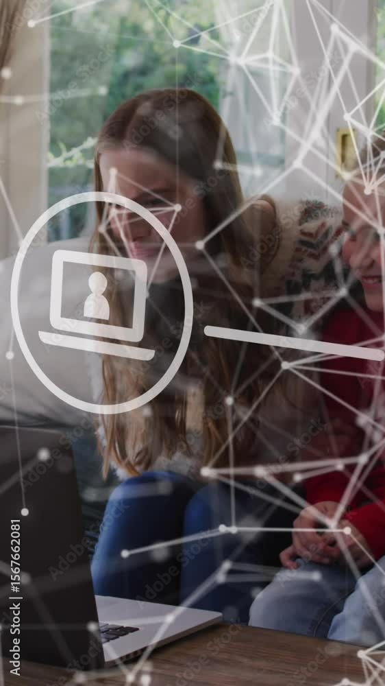 Poster animation of network of connections data processing over mother and daughter using laptop
