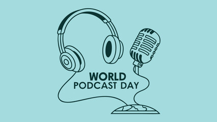 World Podcast Day:  Modern Line Art Illustration Featuring Headphones and Retro Microphone on a Teal Background, Celebrating Global Audio Content and Broadcasting.