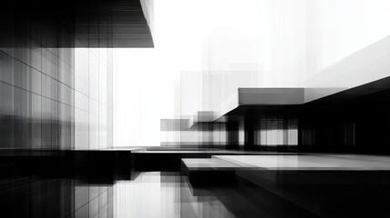 Futuristic abstract architecture render in high-contrast black and white, showcasing bold geometric forms and lines.