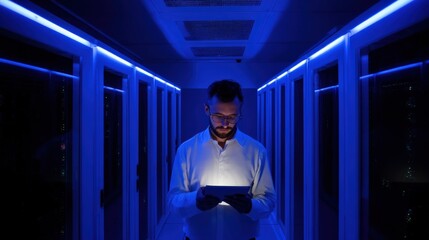 Data analyst stands in high-security server room, tablet in hand, surrounded by blue-lit cabinets, blank space on right