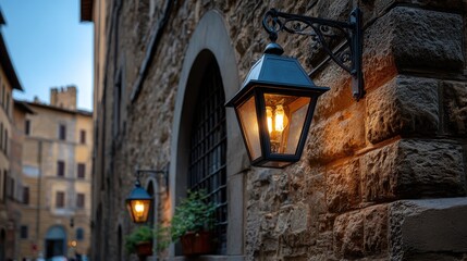 A cobblestone street in an old city like Florence lined with classic vintage street lamps casting warm glows