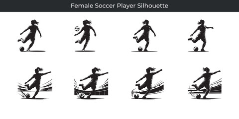Dynamic black and white silhouettes depicting female soccer players kicking a soccer ball
