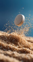 A white pill soars above a mound of light brown granules, backlit by a vibrant blue sky