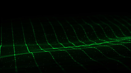 Dynamic green wave of particles and lines. Abstract futuristic background. Big data visualization. 3D rendering.