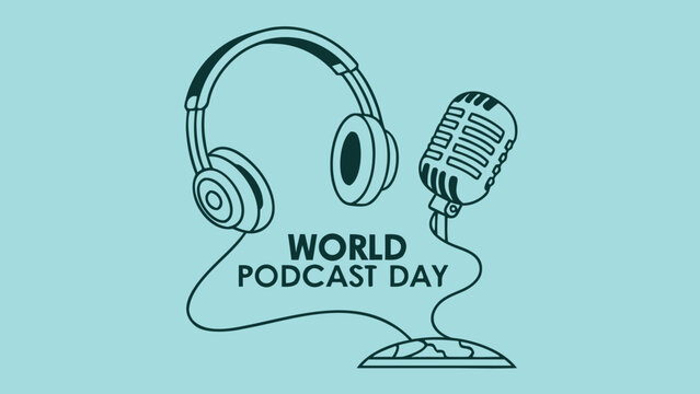 World Podcast Day:  Modern Line Art Illustration Featuring Headphones and Retro Microphone on a Teal Background, Celebrating Global Audio Content and Broadcasting.