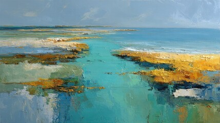 Abstract gold and blue seascape painting with heavy impasto texture. Contemporary coastal landscape art showing tranquil ocean view.