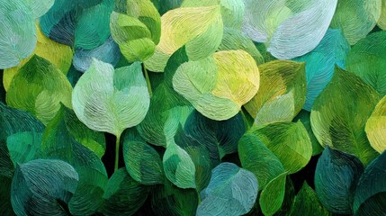 Abstract painting of textured green leaves in various shades, close-up view with impasto brushstrokes and organic shapes for a vibrant nature background.