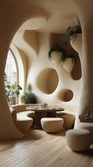 Beige, organic interior design, cozy cafe