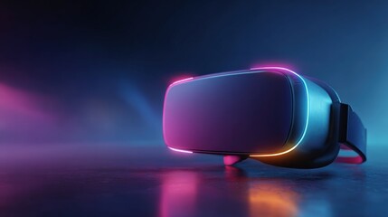 Futuristic VR headset with glowing neon pink and blue lights on a dark background, representing virtual reality technology.