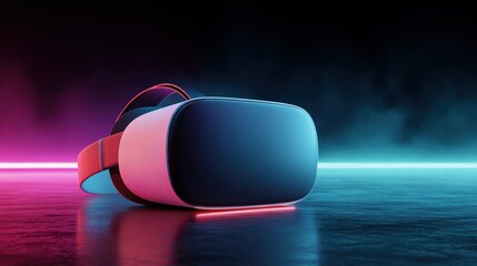 Futuristic virtual reality headset with vibrant neon lights on dark floor, representing gaming, cyberspace, modern technology.