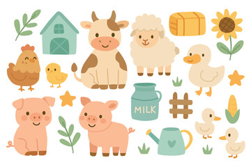 Cute cartoon farm animals and elements collection. Perfect for children’s books, nursery prints, educational materials, baby designs. Hand-drawn simple flat vector illustration on white background