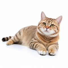 Fototapeta premium Cute Tabby Cat Lying Isolated on White Background